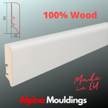 Oak white folied - 2.2m H60 K6K - Wooden skirting board - Free Clips!