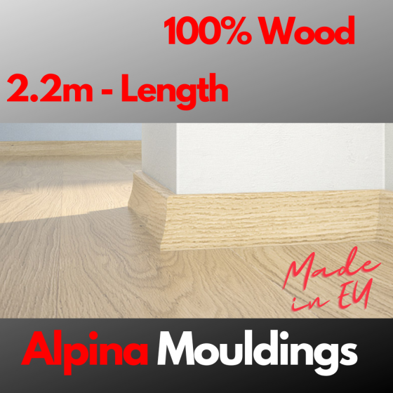 Oak white matt lacquer - 2.2m H58 - Wooden skirting board - Free Clips!
