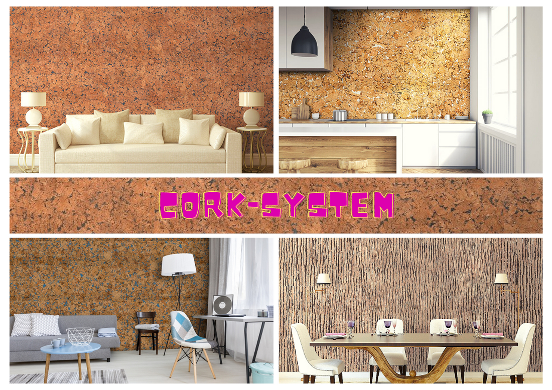 The image shows a collage of four interior design scenes featuring cork wall finishes in different styles and shades. In the center, the text “CORK SYSTEM” highlights the use of cork as a decorative and functional wall material in modern living spaces.