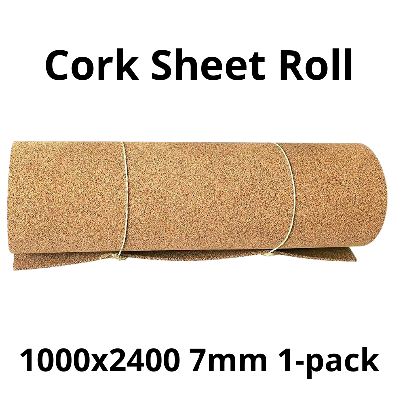 The image shows a rolled cork sheet tied with strings, placed on a light background. Above it is the text “Cork Sheet Roll,” and below there is product information indicating the size “1000x2400 7mm 1-pack.”