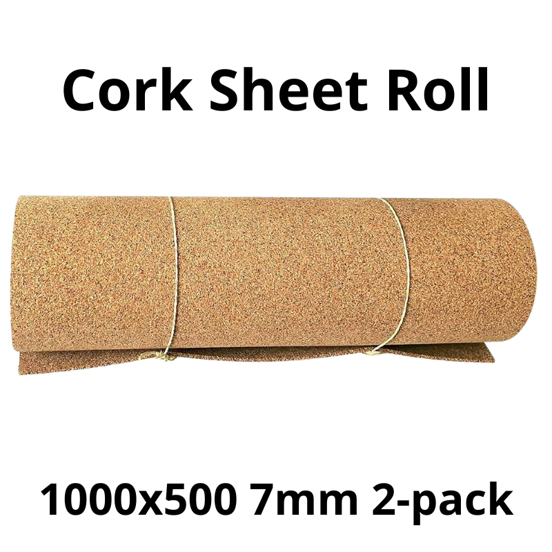 The image shows a rolled cork sheet labeled “Cork Sheet Roll.” It has dimensions of 1000 × 500 mm, a thickness of 7 mm, and is offered as a 2-pack.