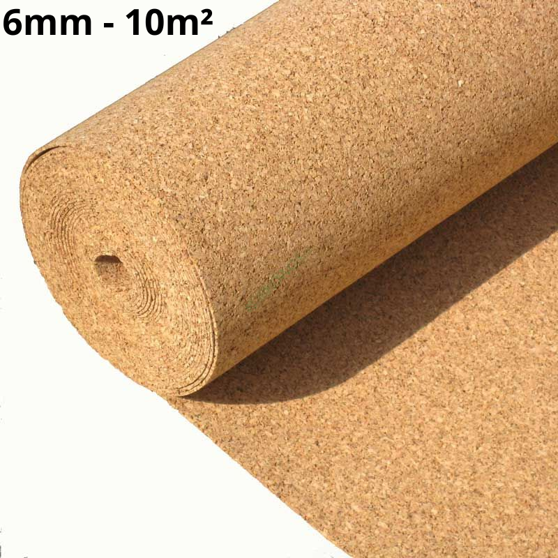 Natural cork roll underlay 7mm thickness partially unrolled showing texture and flexibility, 10 square meters coverage for flooring insulation