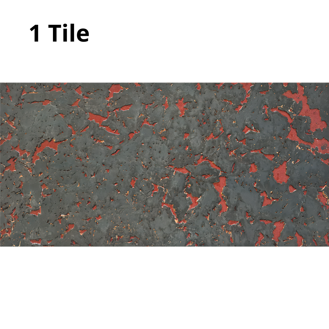 The image shows a single cork tile with a textured, decorative surface. It features an irregular pattern in dark gray with contrasting red accents, creating a bold, modern, and slightly industrial look.
