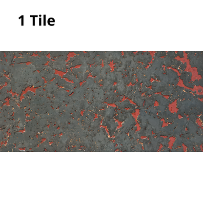 The image shows a single cork tile with a textured, decorative surface. It features an irregular pattern in dark gray with contrasting red accents, creating a bold, modern, and slightly industrial look.