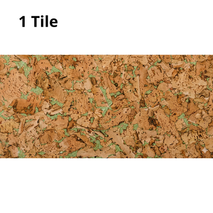The image shows a close-up of a cork tile surface with a natural, textured pattern in shades of brown and green. At the top, there is a label indicating “1 Tile,” suggesting it represents a single unit.