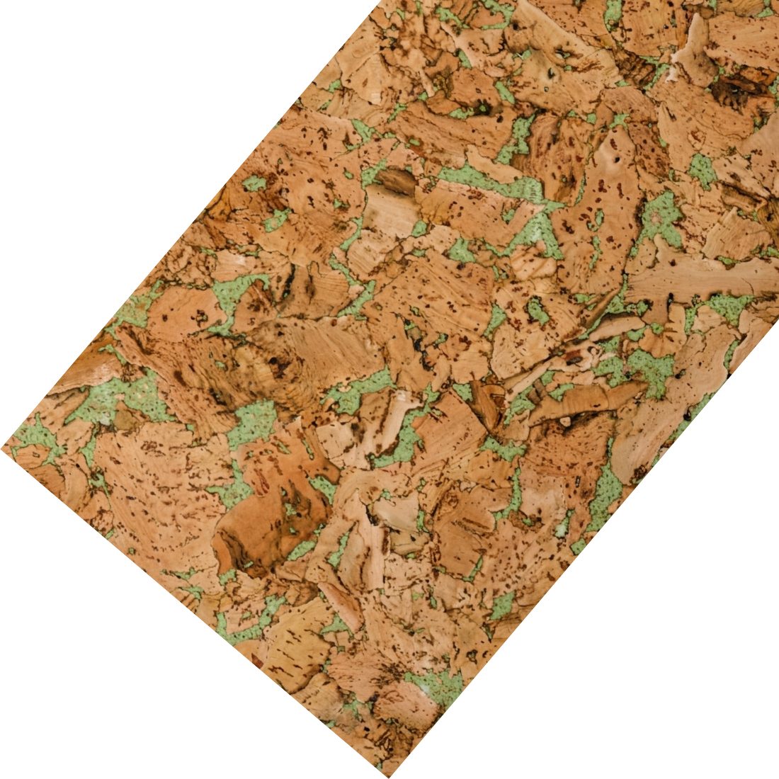 The image shows a cork tile displayed at an angle, highlighting its natural texture and pattern in shades of brown with green accents. The surface appears uneven and organic, emphasizing the material’s distinctive, decorative look.