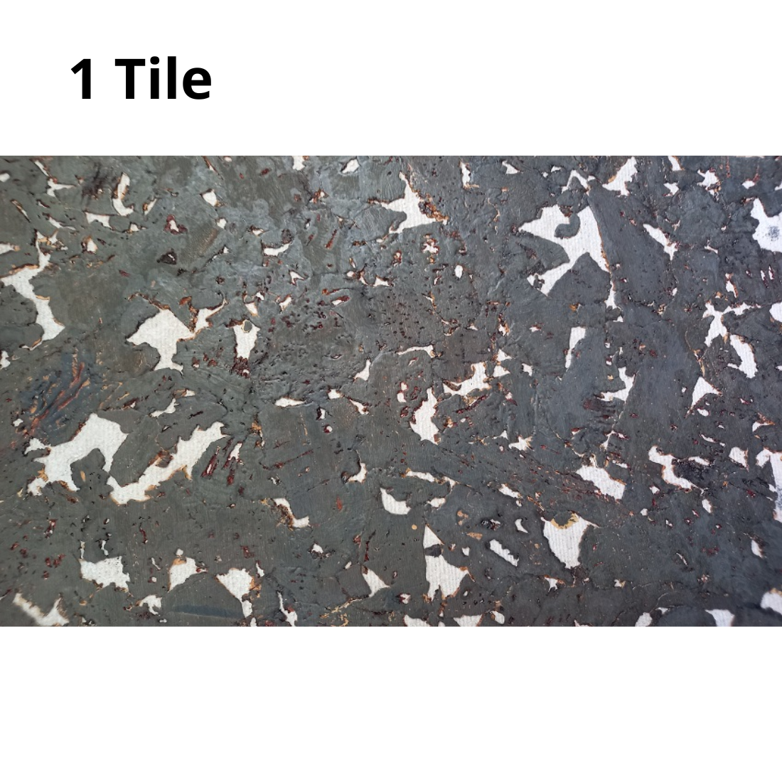 The image shows a single cork tile with a textured surface. The pattern features irregular shapes in shades of dark gray, white, and brown, creating a natural, mosaic-like appearance.