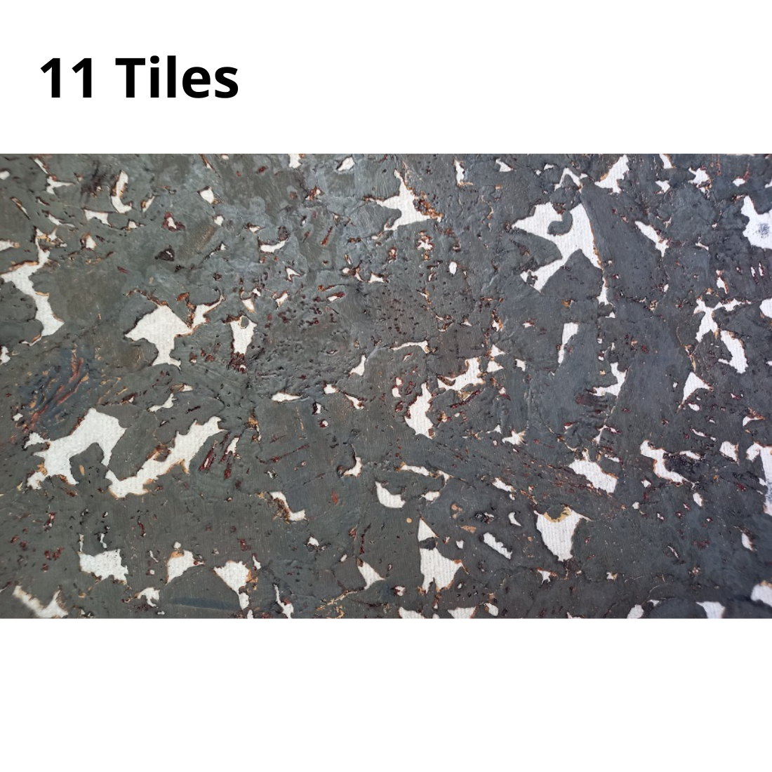 The image shows a set of 11 cork tiles with a textured, decorative surface. The pattern features dark gray tones with white and subtle brown accents, creating a modern, abstract, and slightly industrial look.