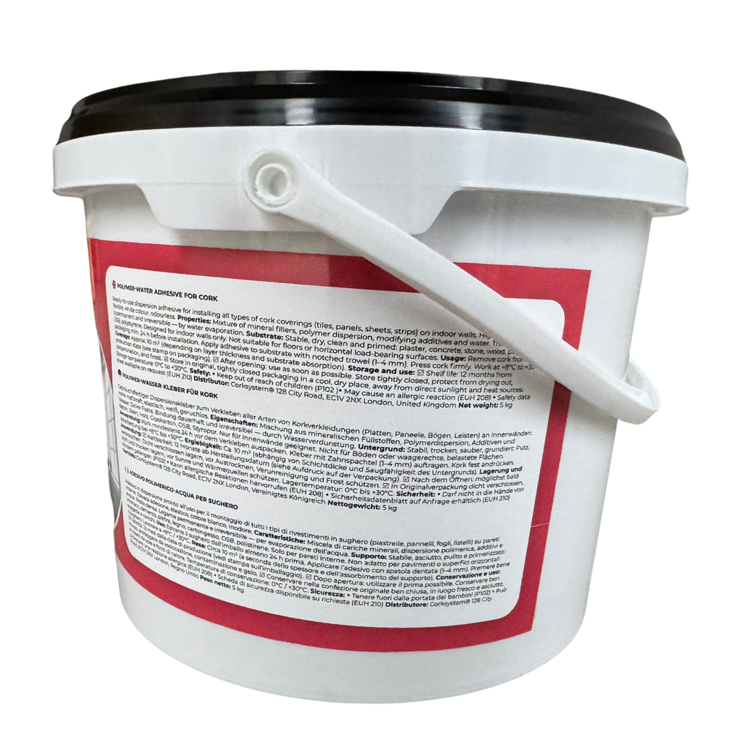 Professional 5kg bucket of high-strength polymer-water-based adhesive specifically formulated for installing cork wall tiles, providing coverage for approximately 10m² (107.63 sq ft) – ideal for eco-friendly interior wall projects.