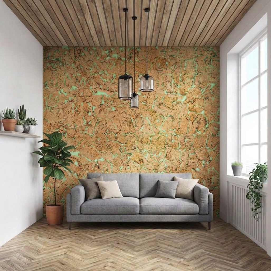 The image shows a modern living room with a stylish interior design. A gray sofa with decorative pillows is placed against a wall covered in cork panels with a natural brown and green pattern, while wooden flooring, a slatted wooden ceiling, hanging pendant lights, and indoor plants complete the cozy, contemporary look.