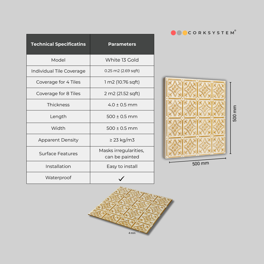 White 13 (Gold): Decorative Ceiling & Wall Panels - 2m2 (21.52 sqft) - 8 Panels